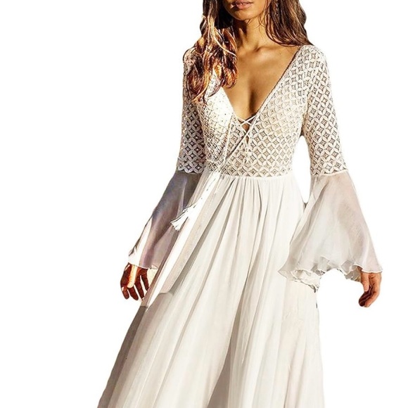 Bsubseach White Chiffon Bell Sleeve Beach Long Dresses - Picture 1 of 5